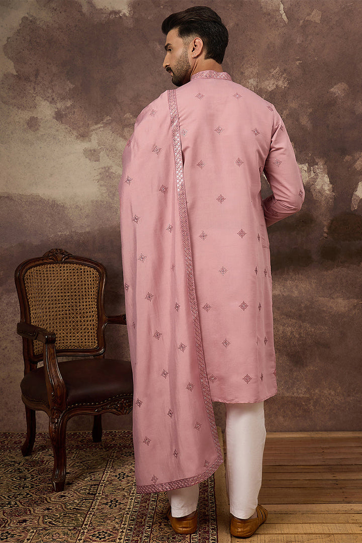 Pink Silk Blend Embroidered Straight Kurta Trouser with Dupatta | SHOBITAM