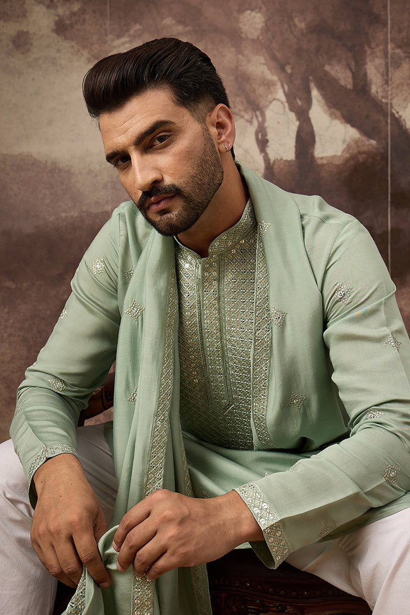 Green Silk Blend Embroidered Straight Kurta Trouser with Dupatta  | SHOBITAM