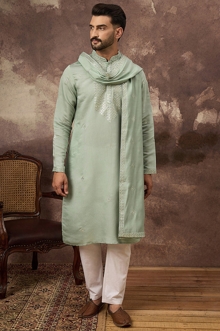 Green Silk Blend Embroidered Straight Kurta Trouser with Dupatta  | SHOBITAM