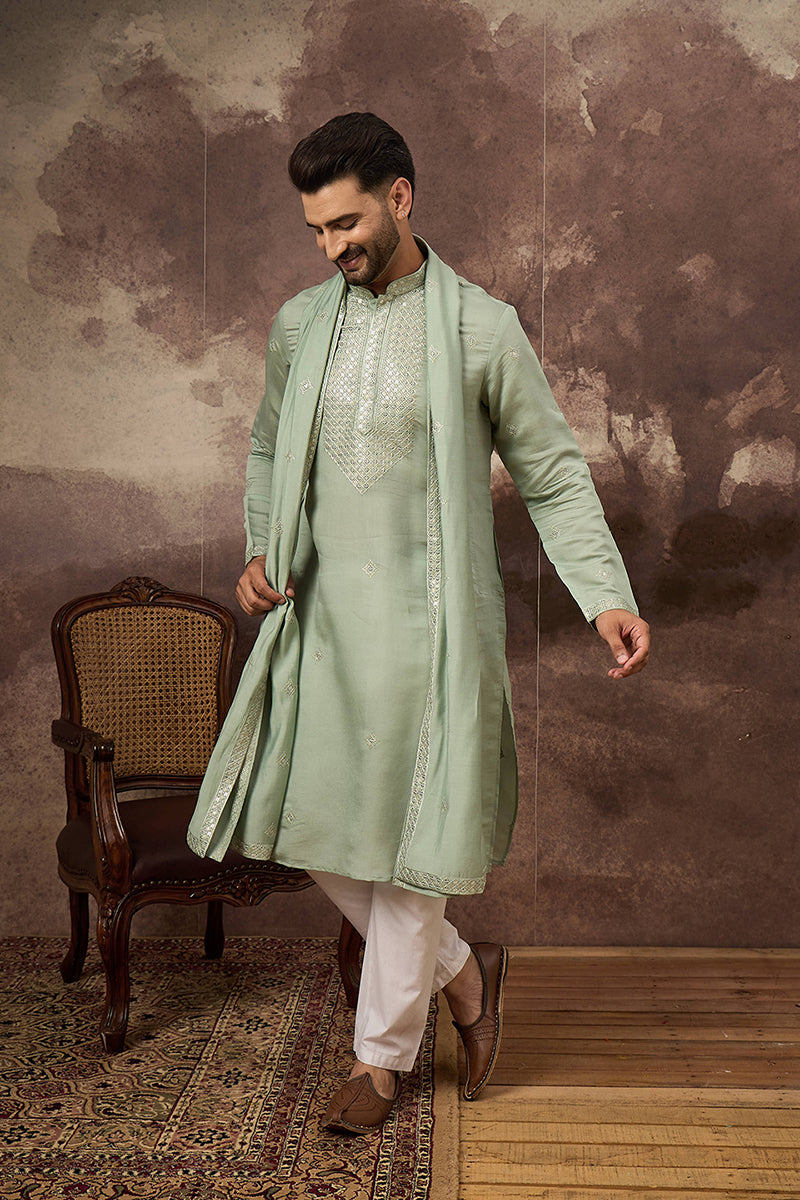 Green Silk Blend Embroidered Straight Kurta Trouser with Dupatta  | SHOBITAM