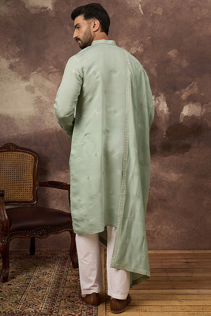 Green Silk Blend Embroidered Straight Kurta Trouser with Dupatta  | SHOBITAM