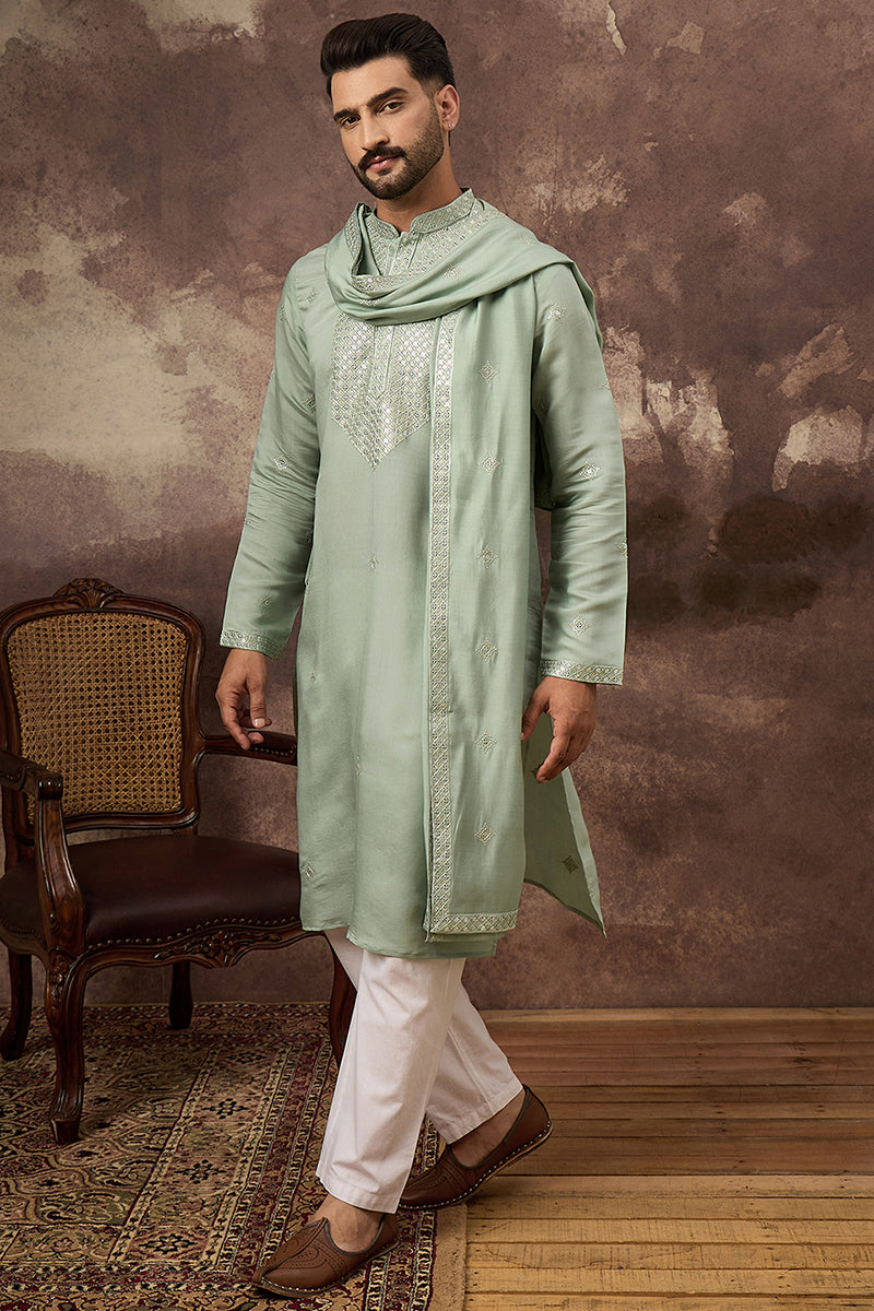 Green Silk Blend Embroidered Straight Kurta Trouser with Dupatta  | SHOBITAM