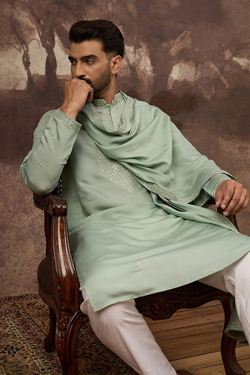 Green Silk Blend Embroidered Straight Kurta Trouser with Dupatta  | SHOBITAM