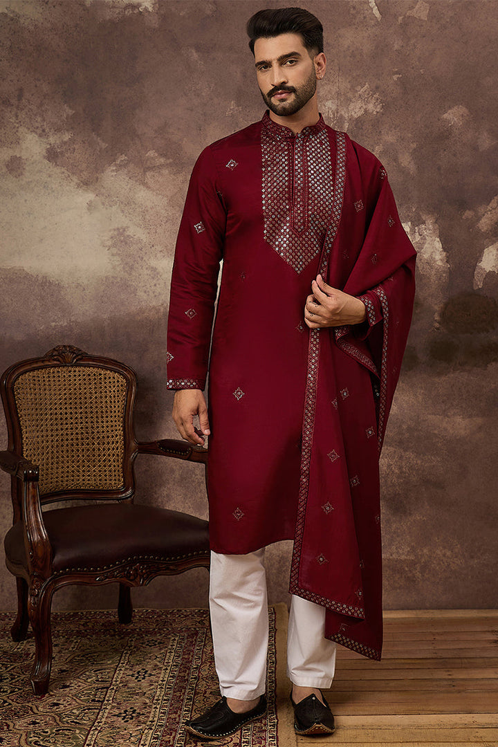 Maroon Silk Blend Embroidered Straight Kurta Trouser with Dupatta  | SHOBITAM