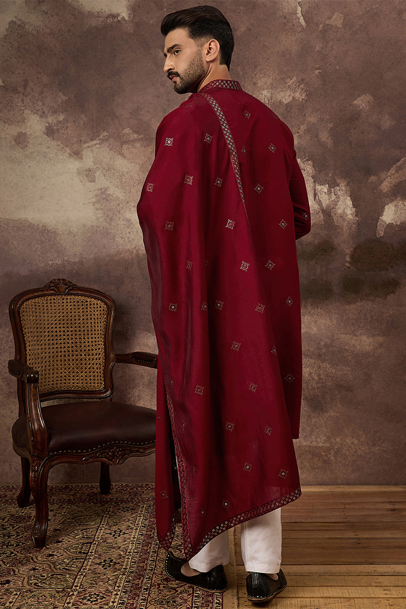 Maroon Silk Blend Embroidered Straight Kurta Trouser with Dupatta  | SHOBITAM
