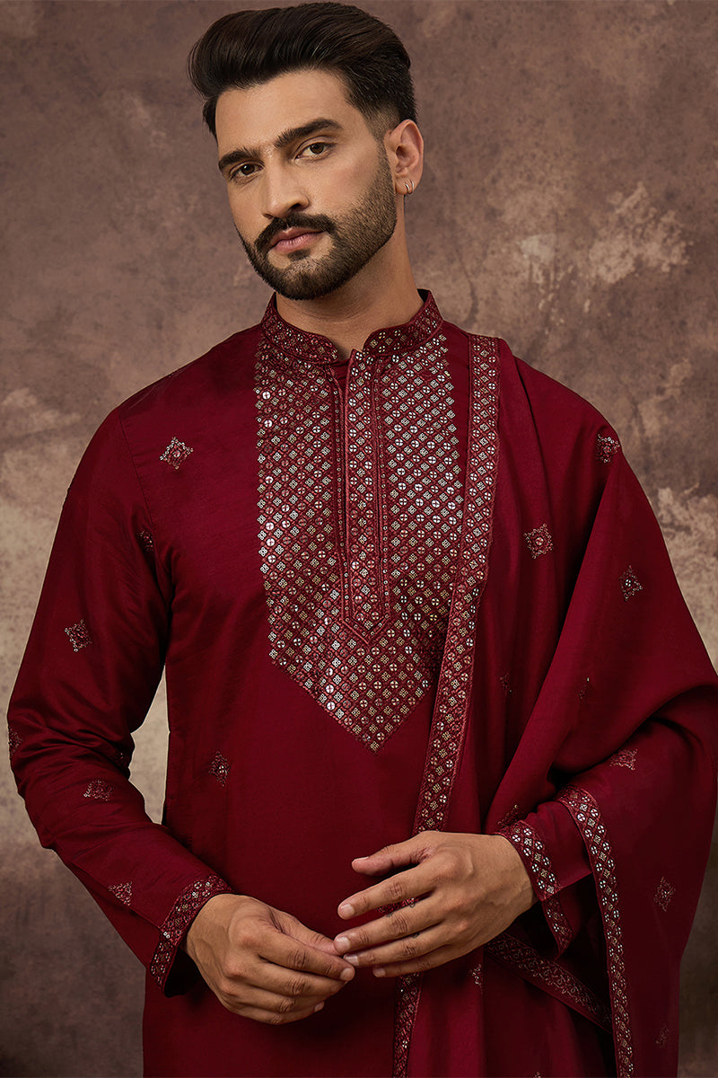 Maroon Silk Blend Embroidered Straight Kurta Trouser with Dupatta  | SHOBITAM