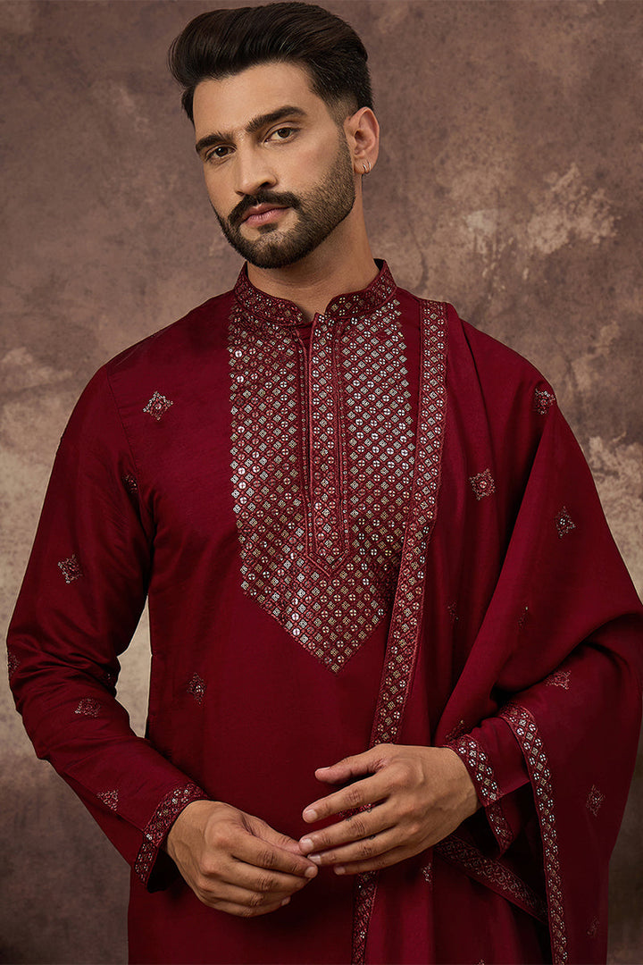 Maroon Silk Blend Embroidered Straight Kurta Trouser with Dupatta  | SHOBITAM