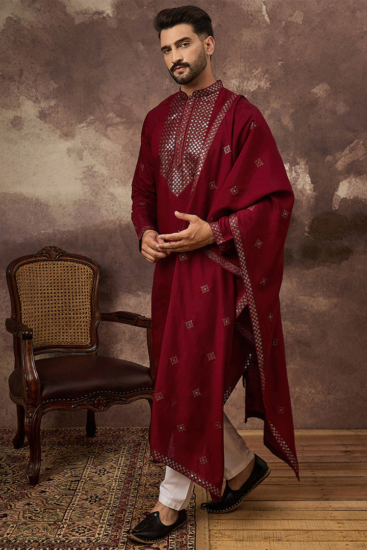 Maroon Silk Blend Embroidered Straight Kurta Trouser with Dupatta  | SHOBITAM