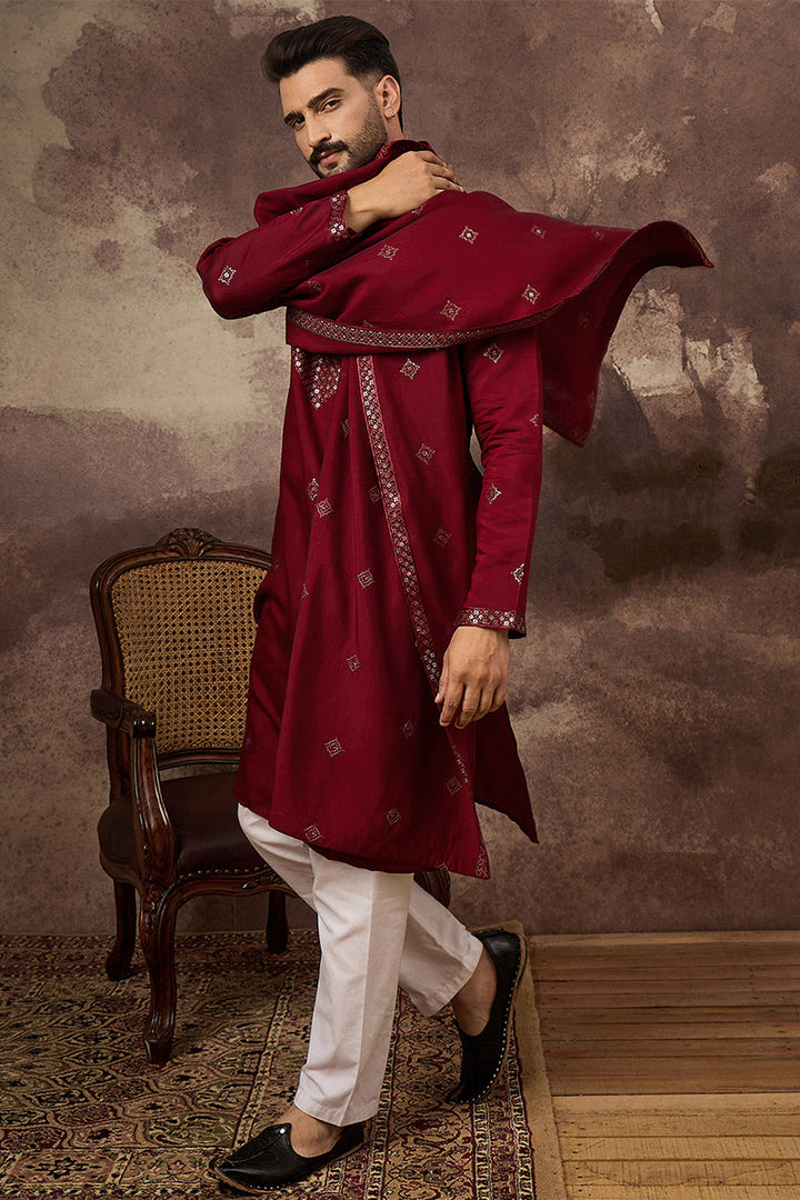 Maroon Silk Blend Embroidered Straight Kurta Trouser with Dupatta  | SHOBITAM