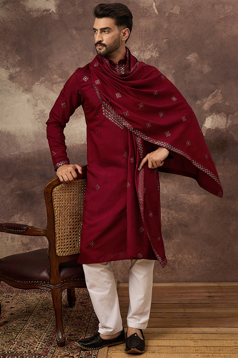 Maroon Silk Blend Embroidered Straight Kurta Trouser with Dupatta  | SHOBITAM