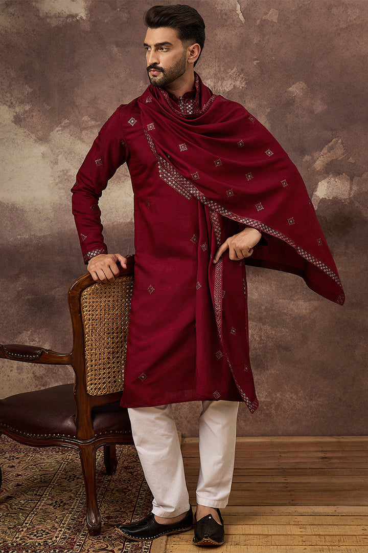 Maroon Silk Blend Embroidered Straight Kurta Trouser with Dupatta  | SHOBITAM