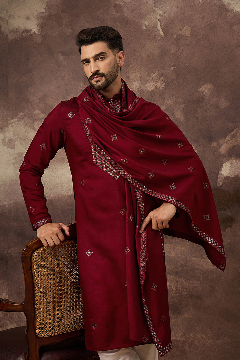 Maroon Silk Blend Embroidered Straight Kurta Trouser with Dupatta  | SHOBITAM