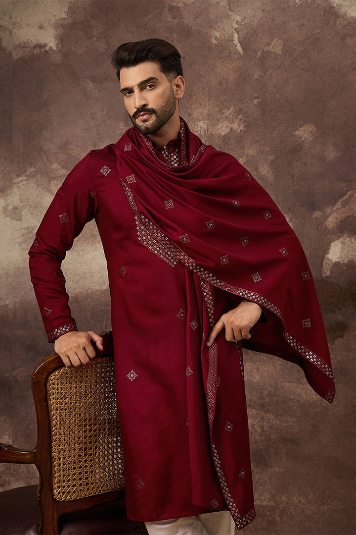 Maroon Silk Blend Embroidered Straight Kurta Trouser with Dupatta  | SHOBITAM