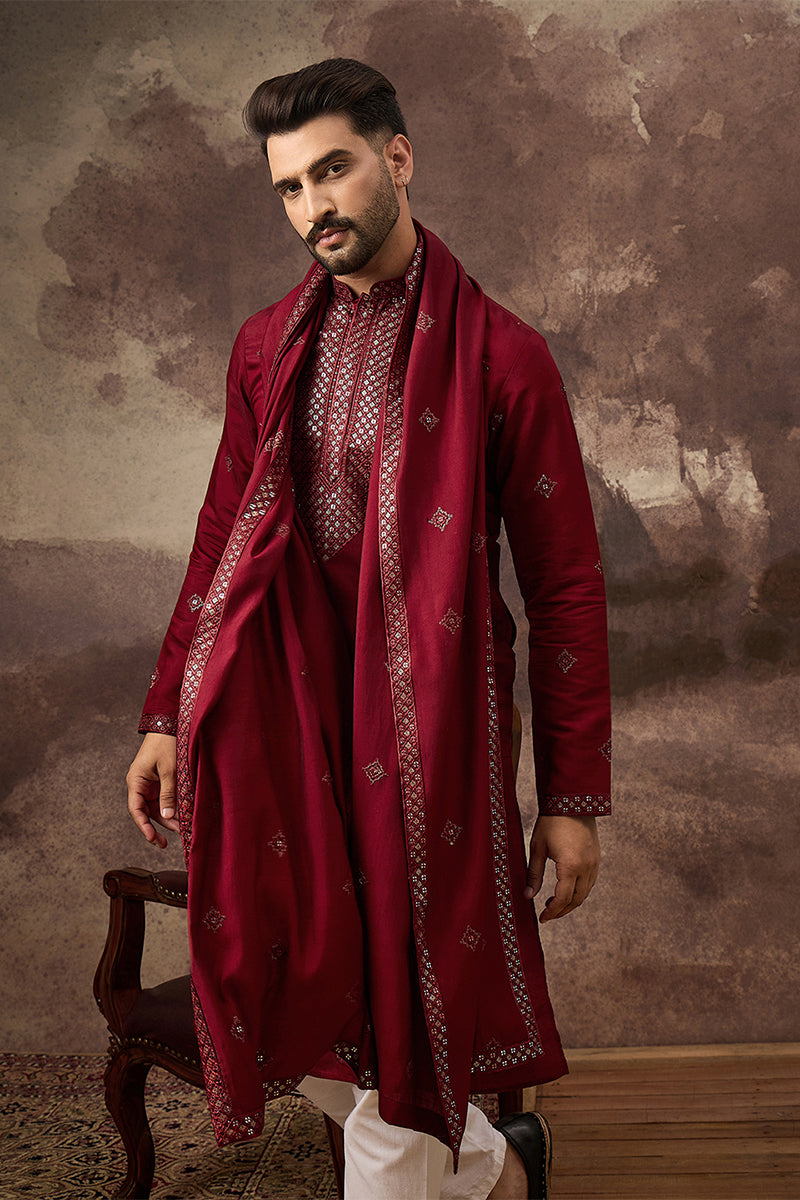Maroon Silk Blend Embroidered Straight Kurta Trouser with Dupatta  | SHOBITAM