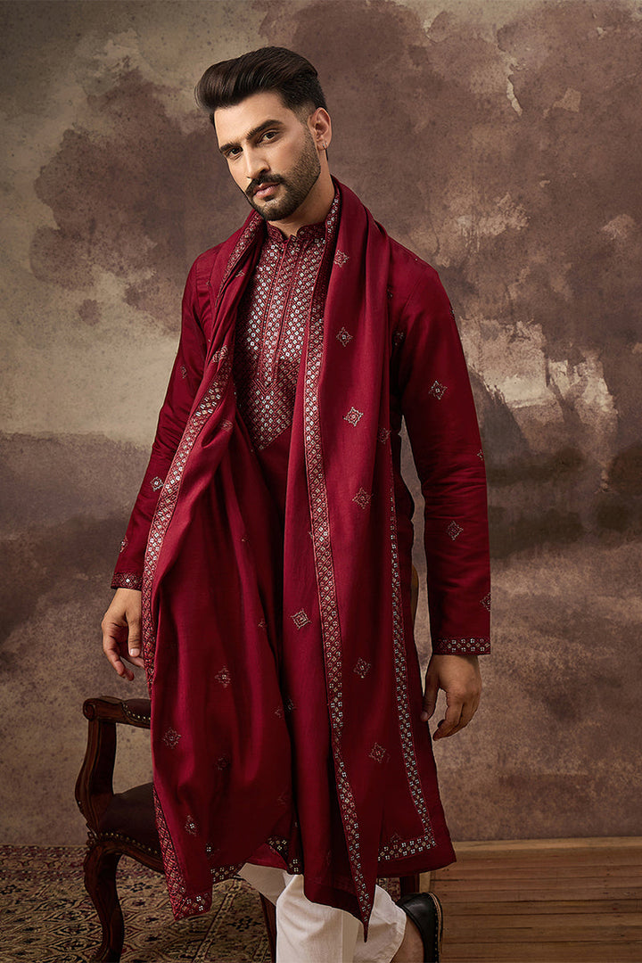 Maroon Silk Blend Embroidered Straight Kurta Trouser with Dupatta  | SHOBITAM