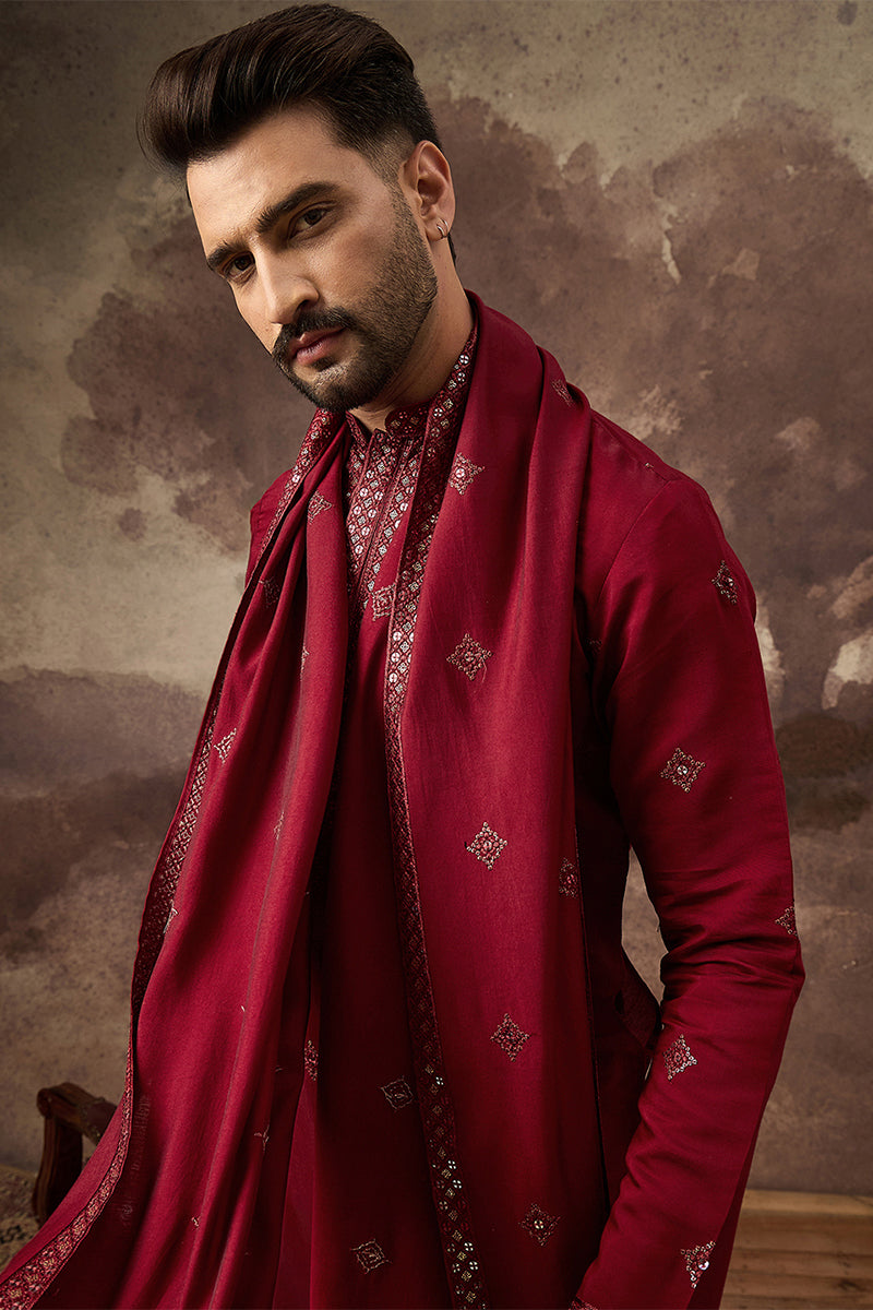 Maroon Silk Blend Embroidered Straight Kurta Trouser with Dupatta  | SHOBITAM