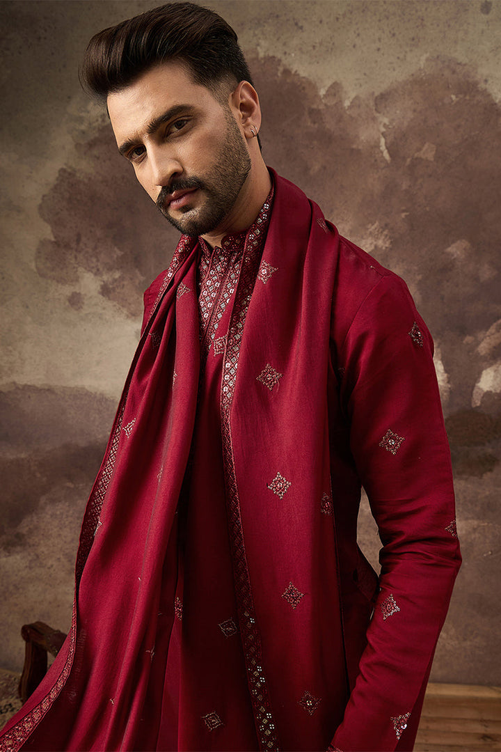 Maroon Silk Blend Embroidered Straight Kurta Trouser with Dupatta  | SHOBITAM
