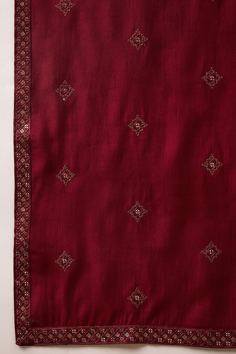 Maroon Silk Blend Embroidered Straight Kurta Trouser with Dupatta  | SHOBITAM