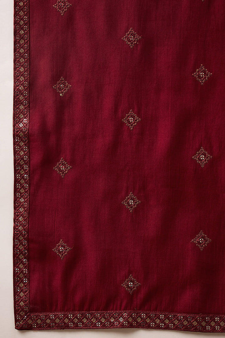 Maroon Silk Blend Embroidered Straight Kurta Trouser with Dupatta  | SHOBITAM