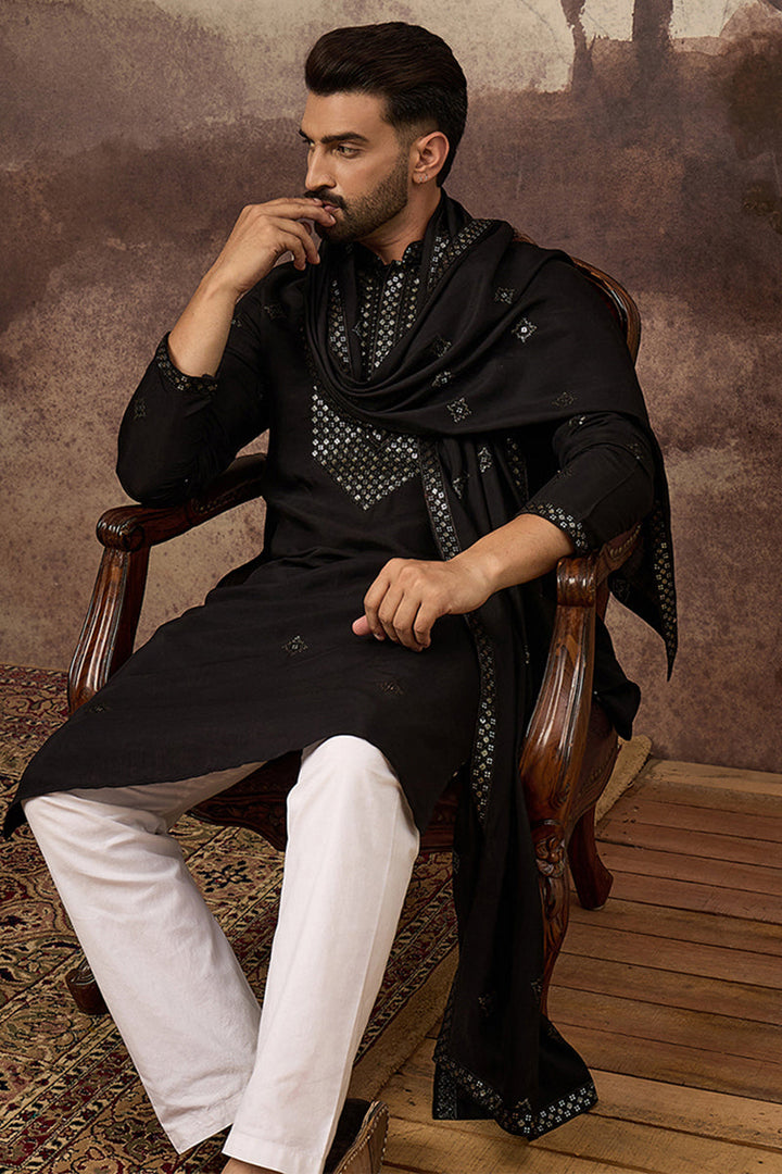 Black Silk Blend Embroidered Straight Kurta Trouser with Dupatta  | SHOBITAM