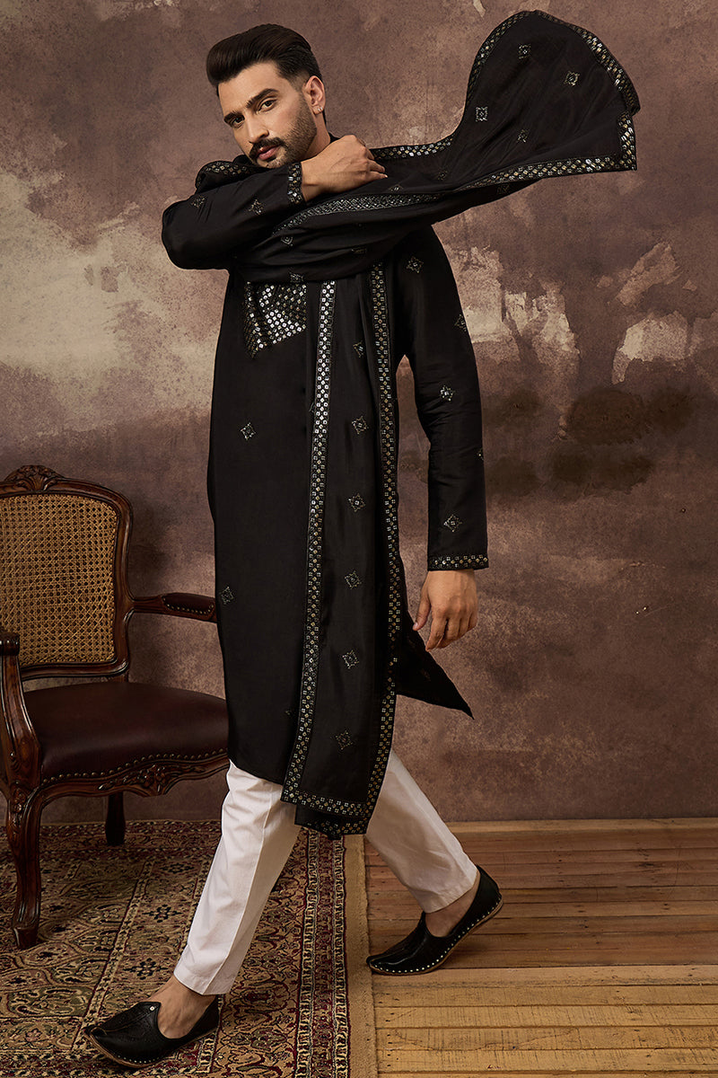 Black Silk Blend Embroidered Straight Kurta Trouser with Dupatta  | SHOBITAM