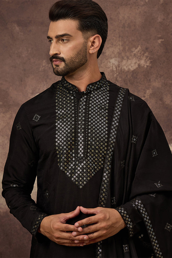 Black Silk Blend Solid Embroidered Straight Kurta with Dupatta For Men | SHOBITAM