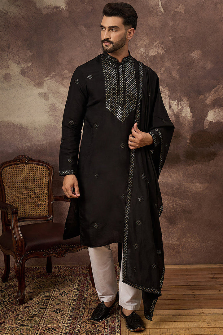 Black Silk Blend Solid Embroidered Straight Kurta with Dupatta For Men | SHOBITAM