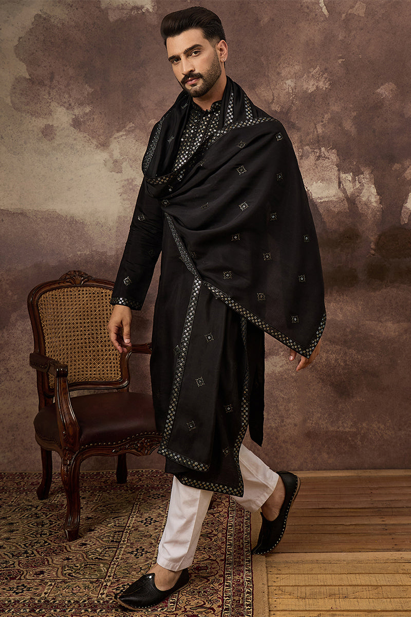 Black Silk Blend Solid Embroidered Straight Kurta with Dupatta For Men | SHOBITAM