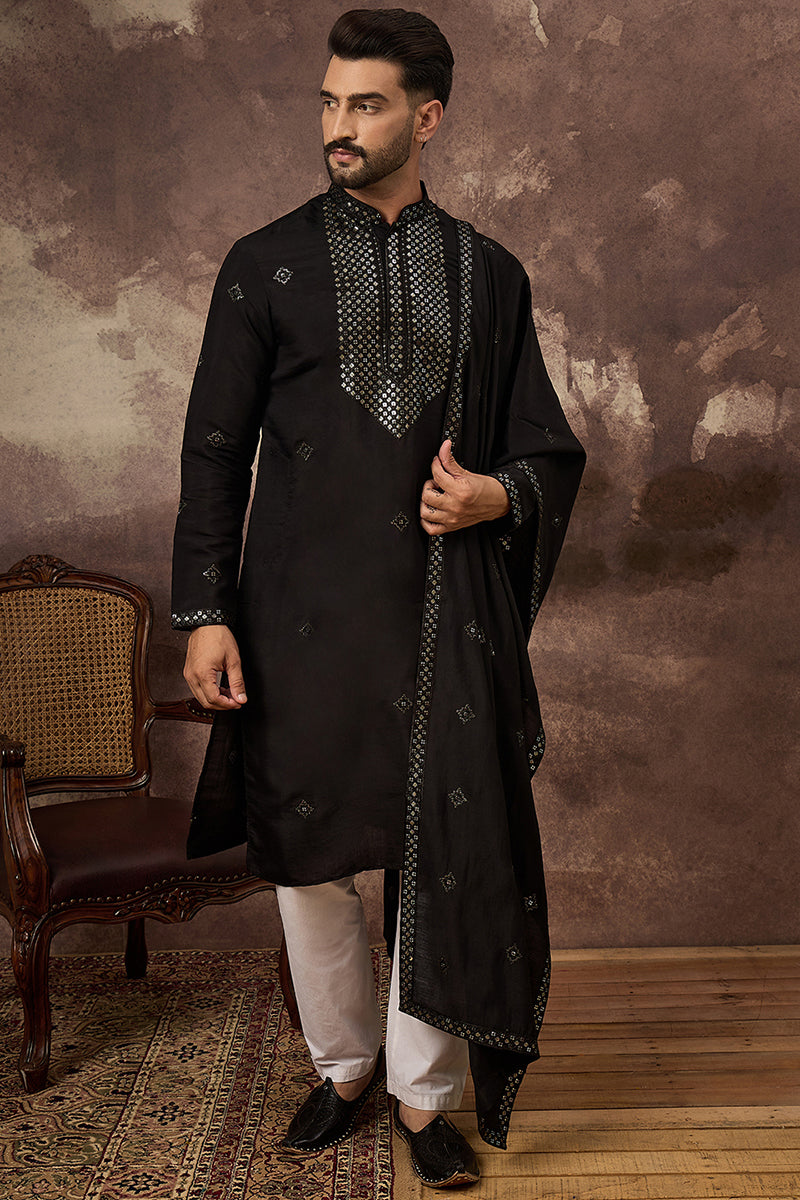 Black Silk Blend Embroidered Straight Kurta Trouser with Dupatta  | SHOBITAM