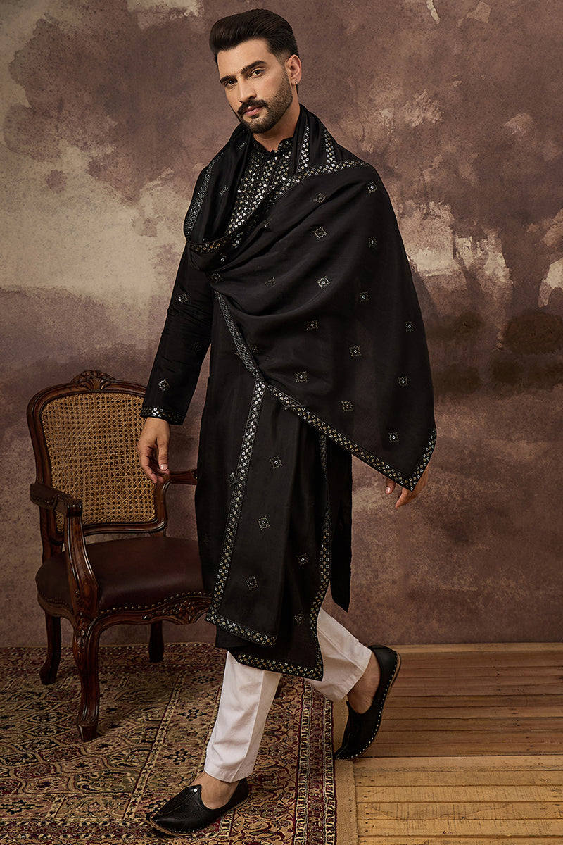 Black Silk Blend Embroidered Straight Kurta Trouser with Dupatta  | SHOBITAM