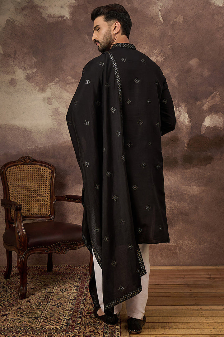 Black Silk Blend Solid Embroidered Straight Kurta with Dupatta For Men | SHOBITAM