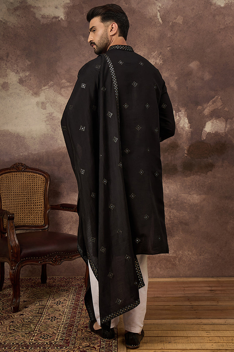 Black Silk Blend Embroidered Straight Kurta Trouser with Dupatta  | SHOBITAM