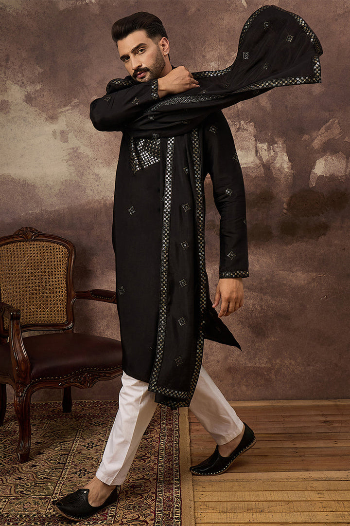 Black Silk Blend Solid Embroidered Straight Kurta with Dupatta For Men | SHOBITAM