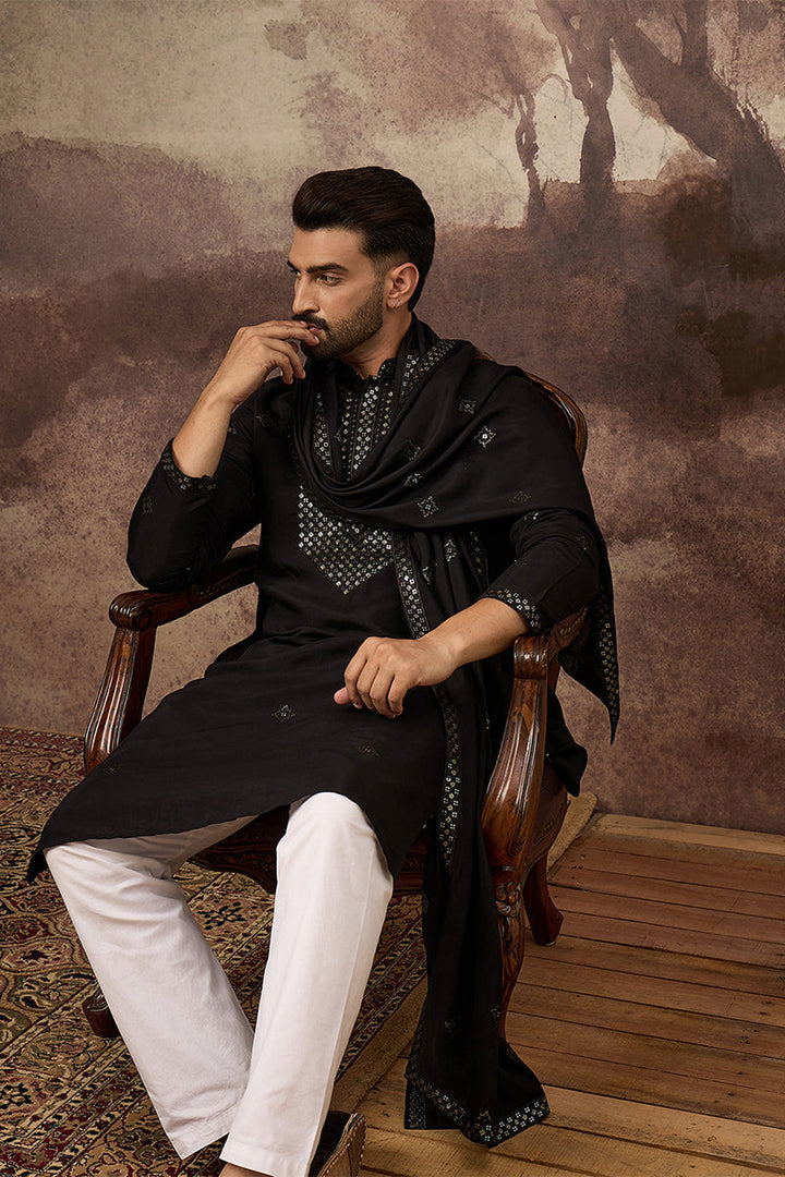Black Silk Blend Solid Embroidered Straight Kurta with Dupatta For Men | SHOBITAM