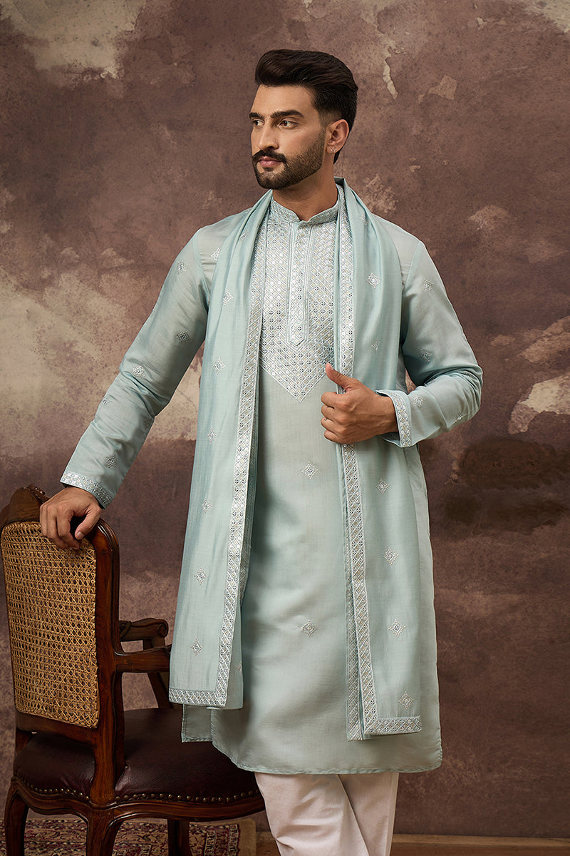 Blue Silk Blend Embroidered Straight Kurta Trouser with Dupatta  | SHOBITAM