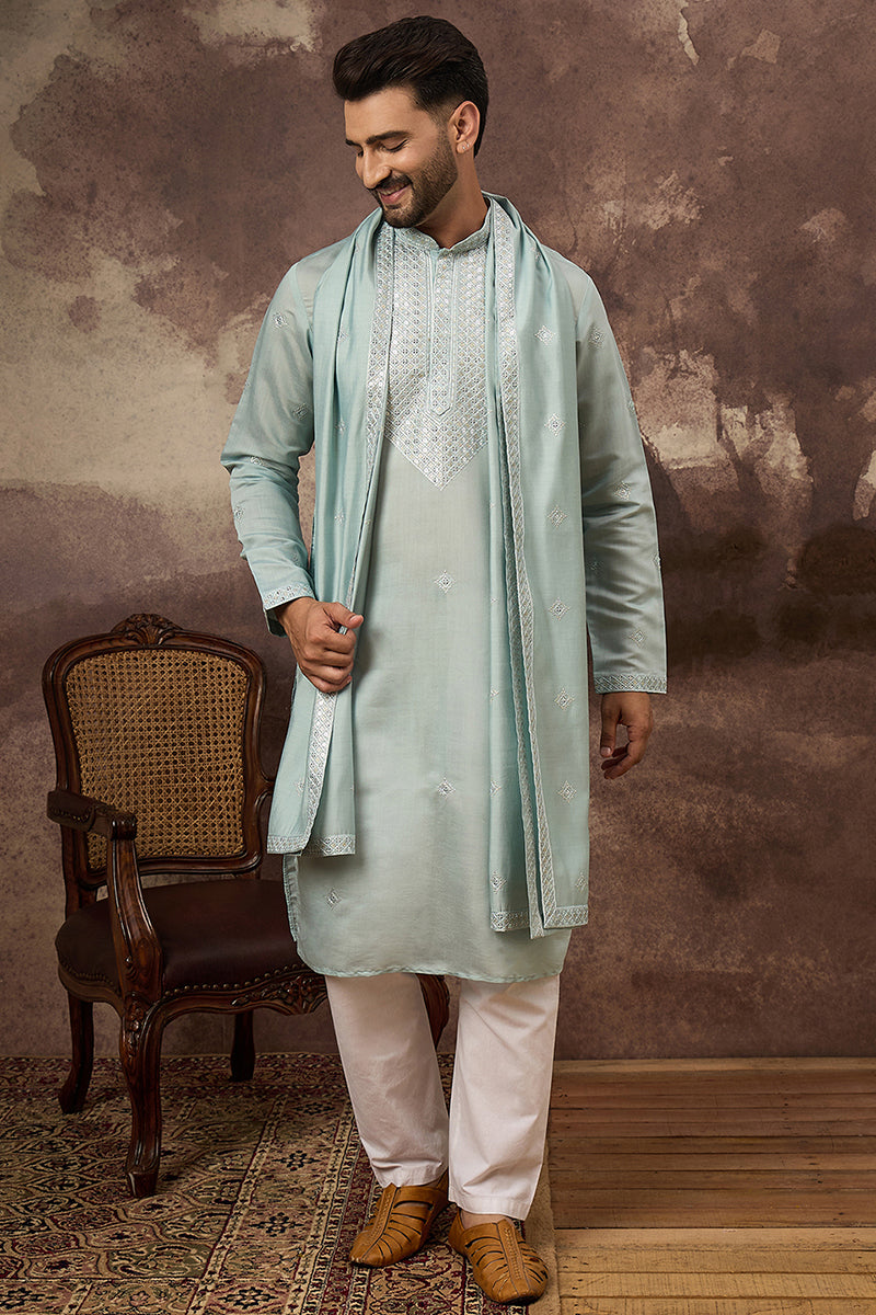 Blue Silk Blend Embroidered Straight Kurta Trouser with Dupatta  | SHOBITAM