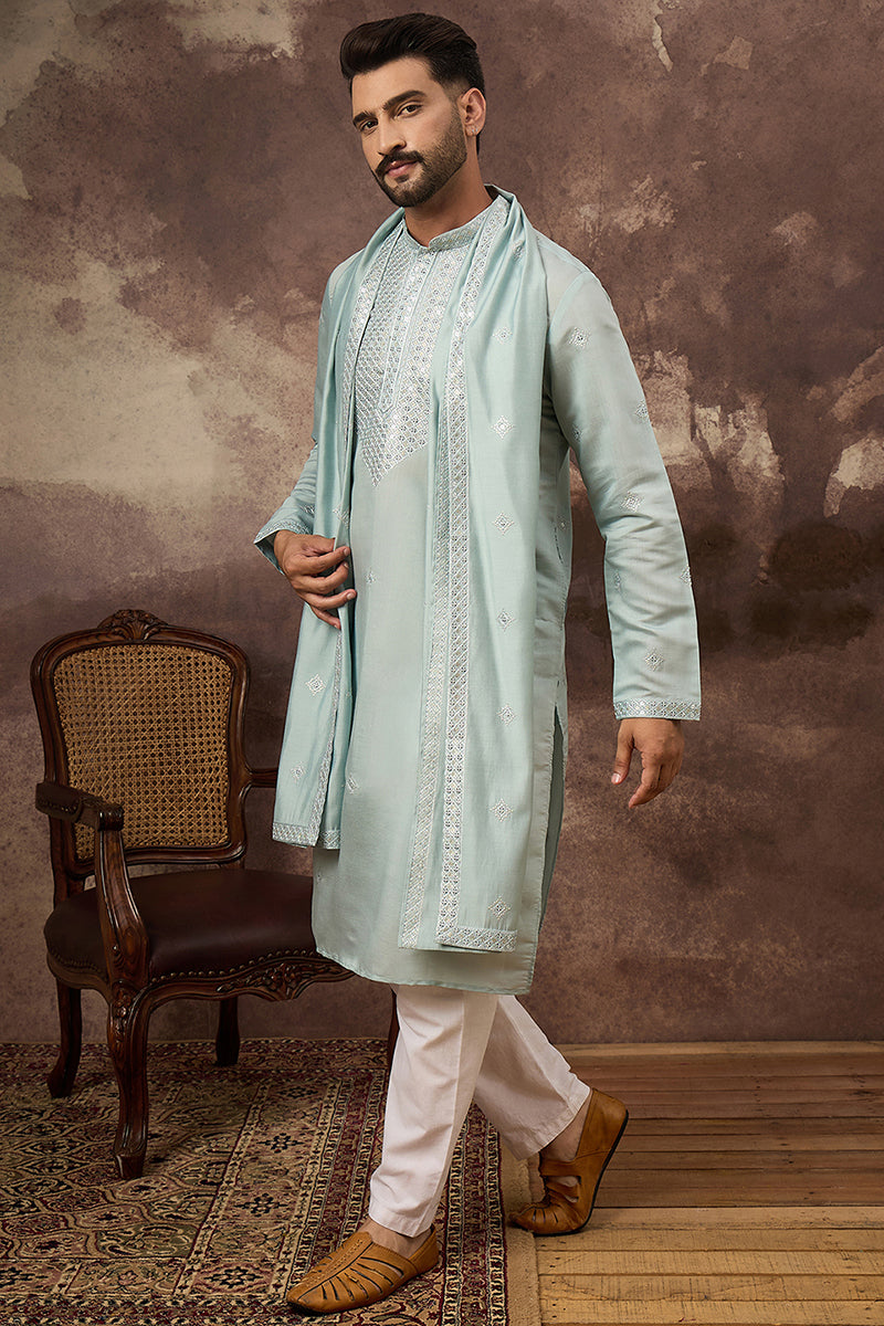 Blue Silk Blend Embroidered Straight Kurta Trouser with Dupatta  | SHOBITAM
