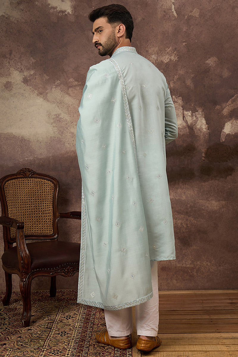 Blue Silk Blend Embroidered Straight Kurta Trouser with Dupatta  | SHOBITAM