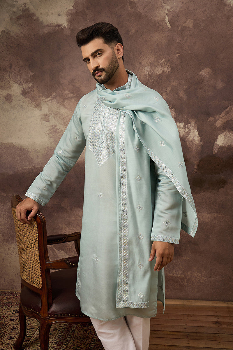 Blue Silk Blend Embroidered Straight Kurta Trouser with Dupatta  | SHOBITAM