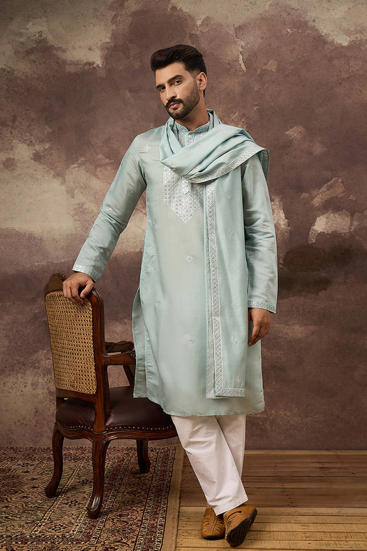 Blue Silk Blend Embroidered Straight Kurta Trouser with Dupatta  | SHOBITAM