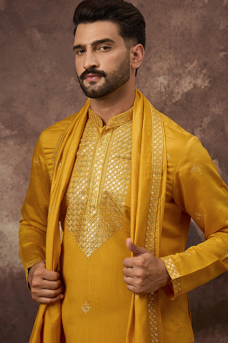 Yellow Silk Blend Embroidered Straight Kurta Trouser with Dupatta | SHOBITAM