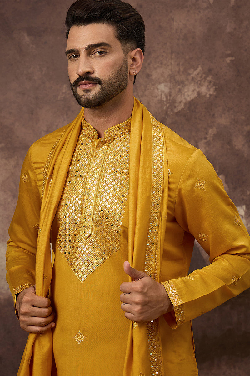 Yellow Silk Blend Solid Embroidered Straight Kurta with Dupatta For Men | SHOBITAM