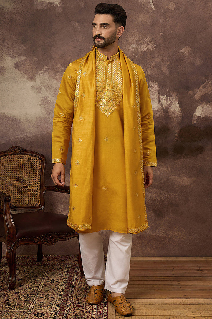 Yellow Silk Blend Embroidered Straight Kurta Trouser with Dupatta | SHOBITAM
