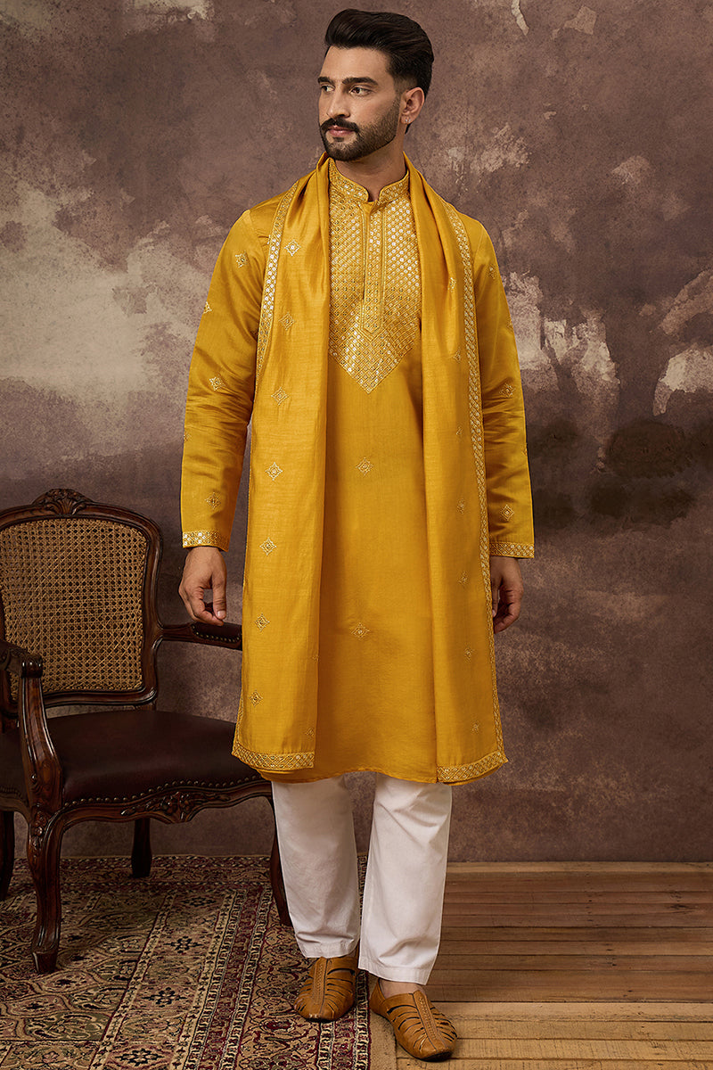 Yellow Silk Blend Solid Embroidered Straight Kurta with Dupatta For Men | SHOBITAM