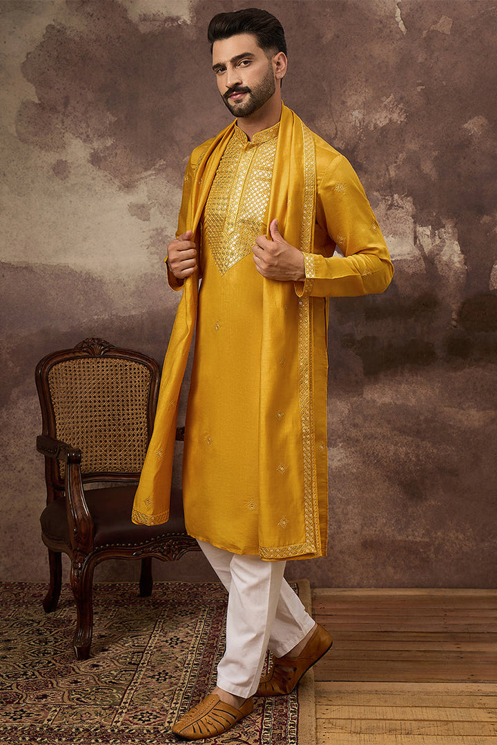 Yellow Silk Blend Solid Embroidered Straight Kurta with Dupatta For Men | SHOBITAM