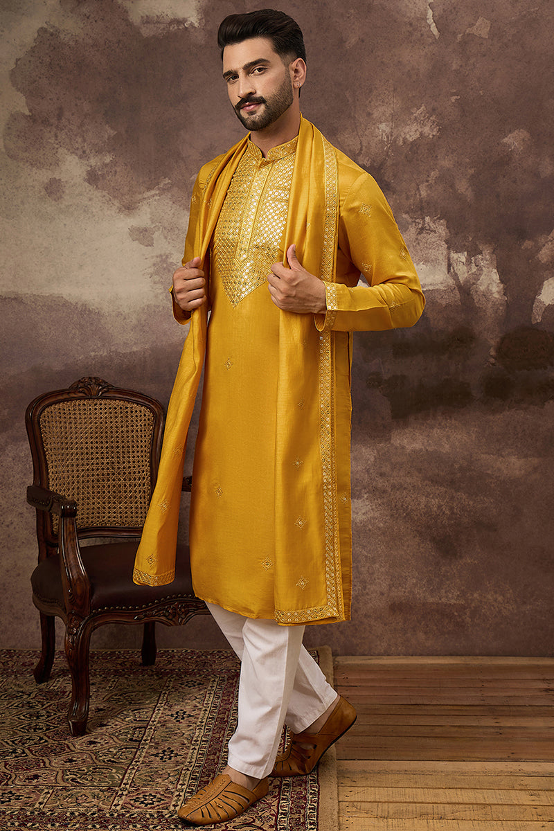 Yellow Silk Blend Embroidered Straight Kurta Trouser with Dupatta | SHOBITAM