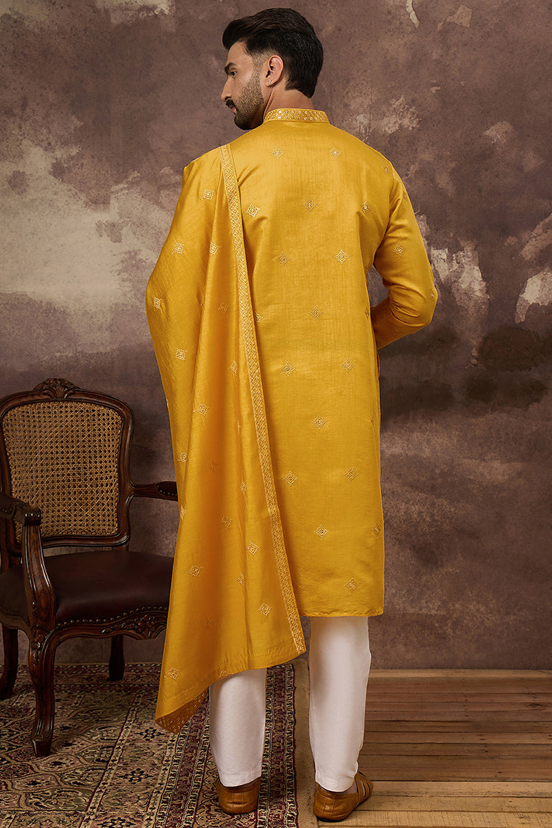 Yellow Silk Blend Embroidered Straight Kurta Trouser with Dupatta | SHOBITAM