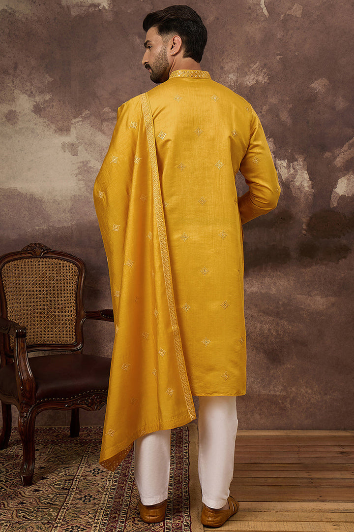 Yellow Silk Blend Embroidered Straight Kurta Trouser with Dupatta | SHOBITAM