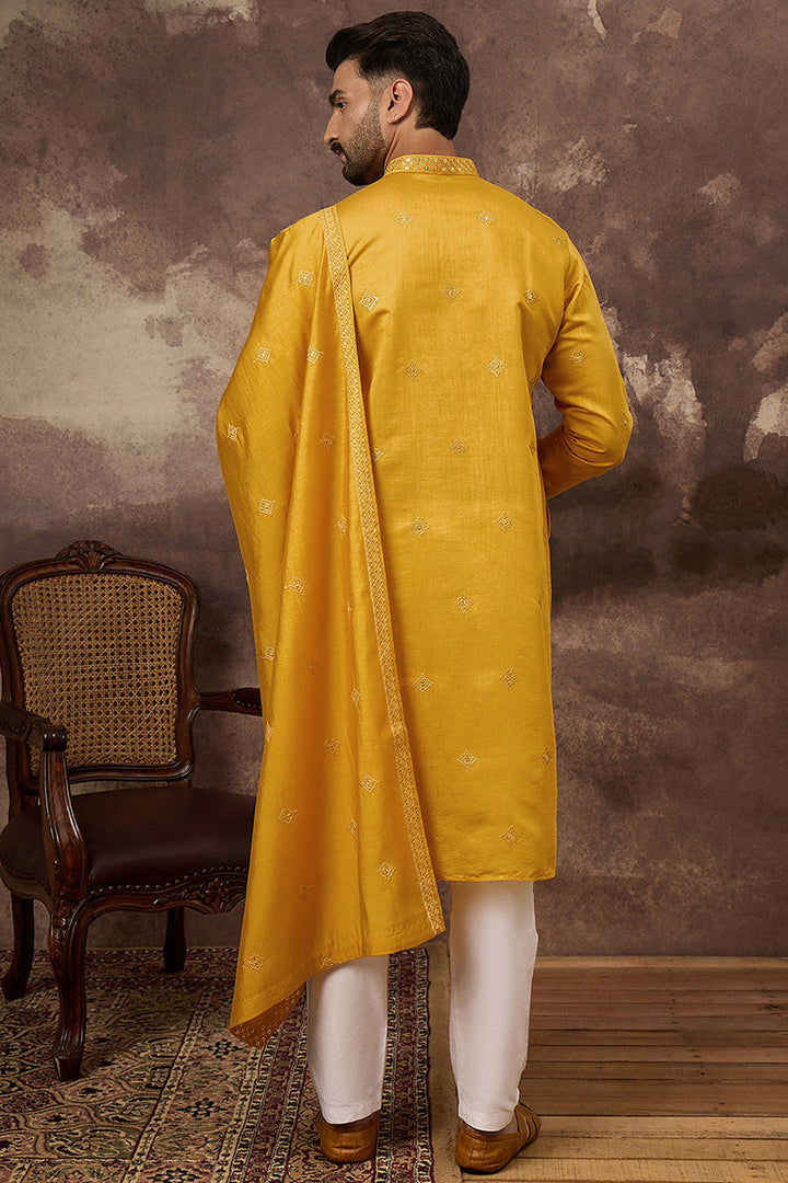 Yellow Silk Blend Solid Embroidered Straight Kurta with Dupatta For Men | SHOBITAM