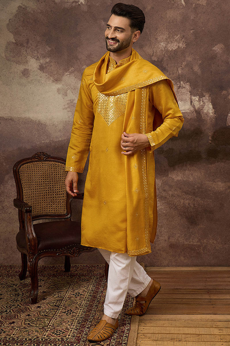 Yellow Silk Blend Embroidered Straight Kurta Trouser with Dupatta | SHOBITAM